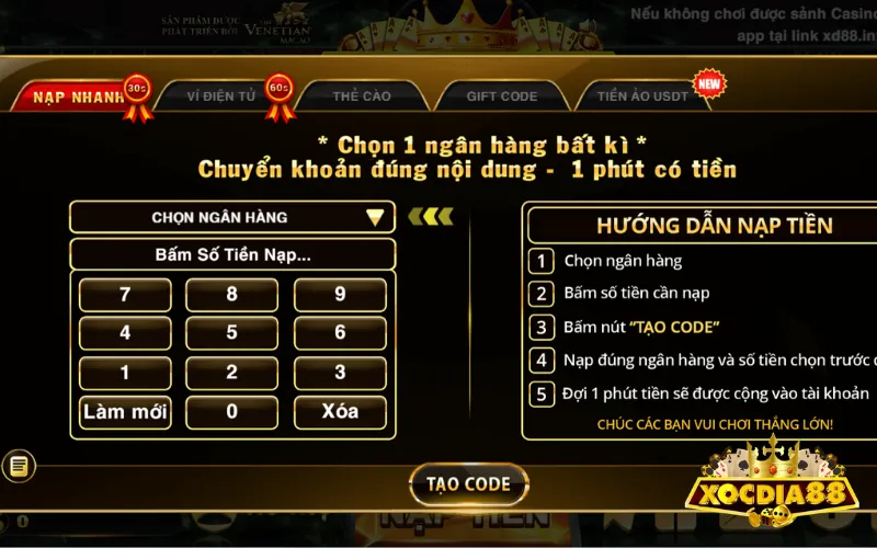 Nạp tiền vào XOCDIA88 qua ngân hàng