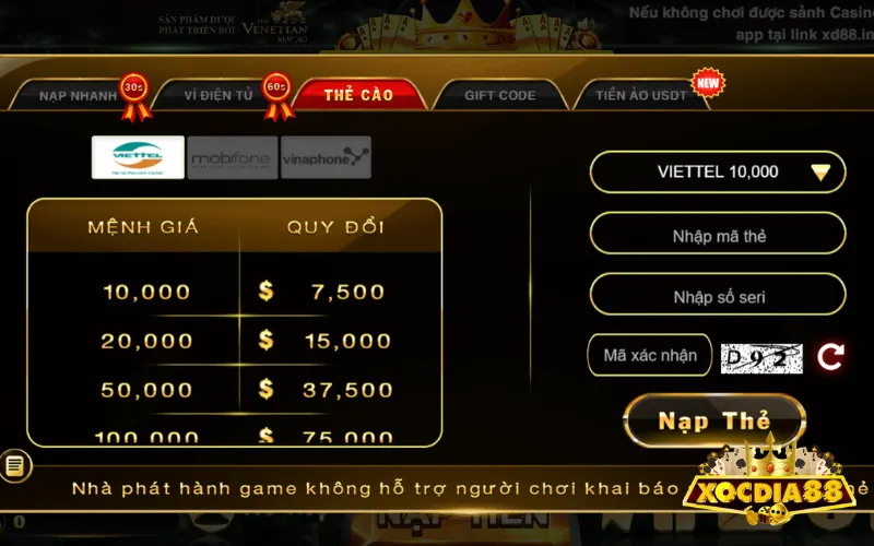 Giao dịch nạp tiền vào XOCDIA88 bằng thẻ cào